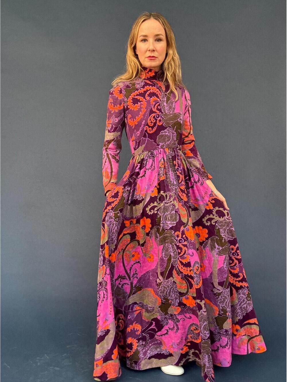 Vintage 1970s Geoffrey Beene Pink & Purple Psychedelic Print Gown - Picture 2 of 9